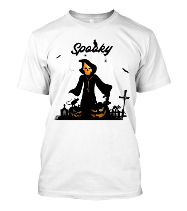 Spooky Skeleton In Hooded Cloak With Pumpkins And Crosses Halloween T-Shirt