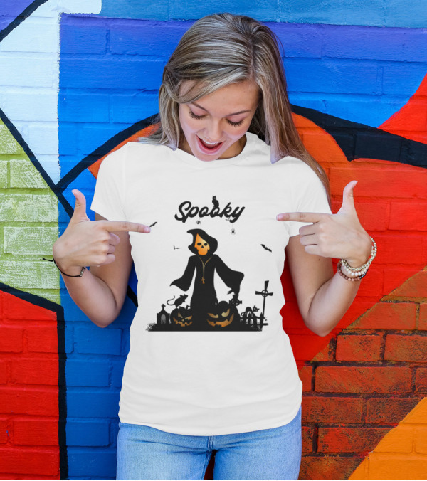 Spooky Skeleton In Hooded Cloak With Pumpkins And Crosses Halloween T-Shirt