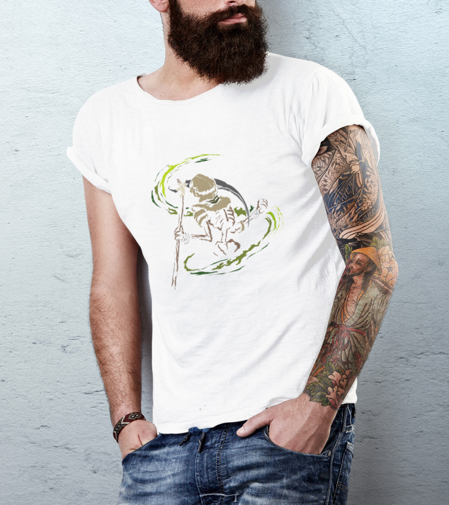 Ghost Scarecrow Skeleton Wielding Scythe With Green Aura T-Shirt