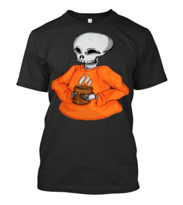 Skeleton Holding A Steaming Hot Drink In Orange T-Shirt