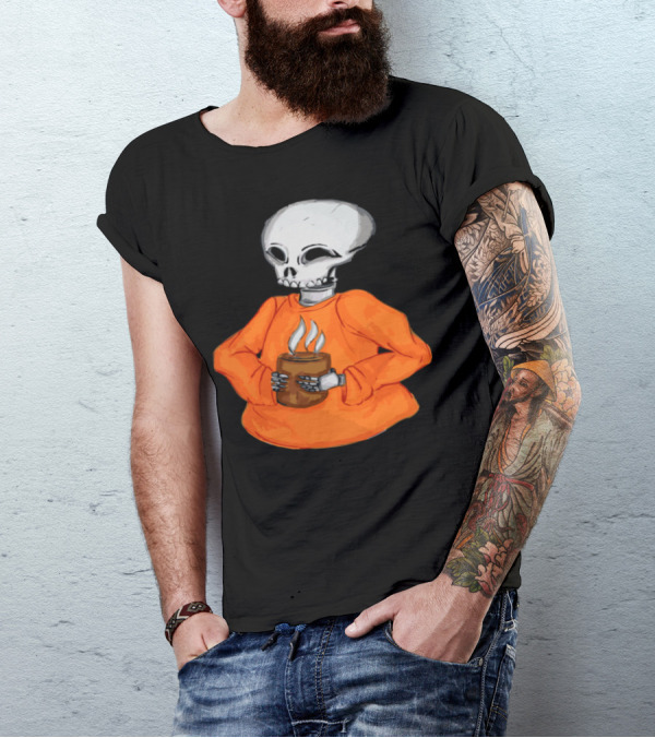 Skeleton Holding A Steaming Hot Drink In Orange T-Shirt