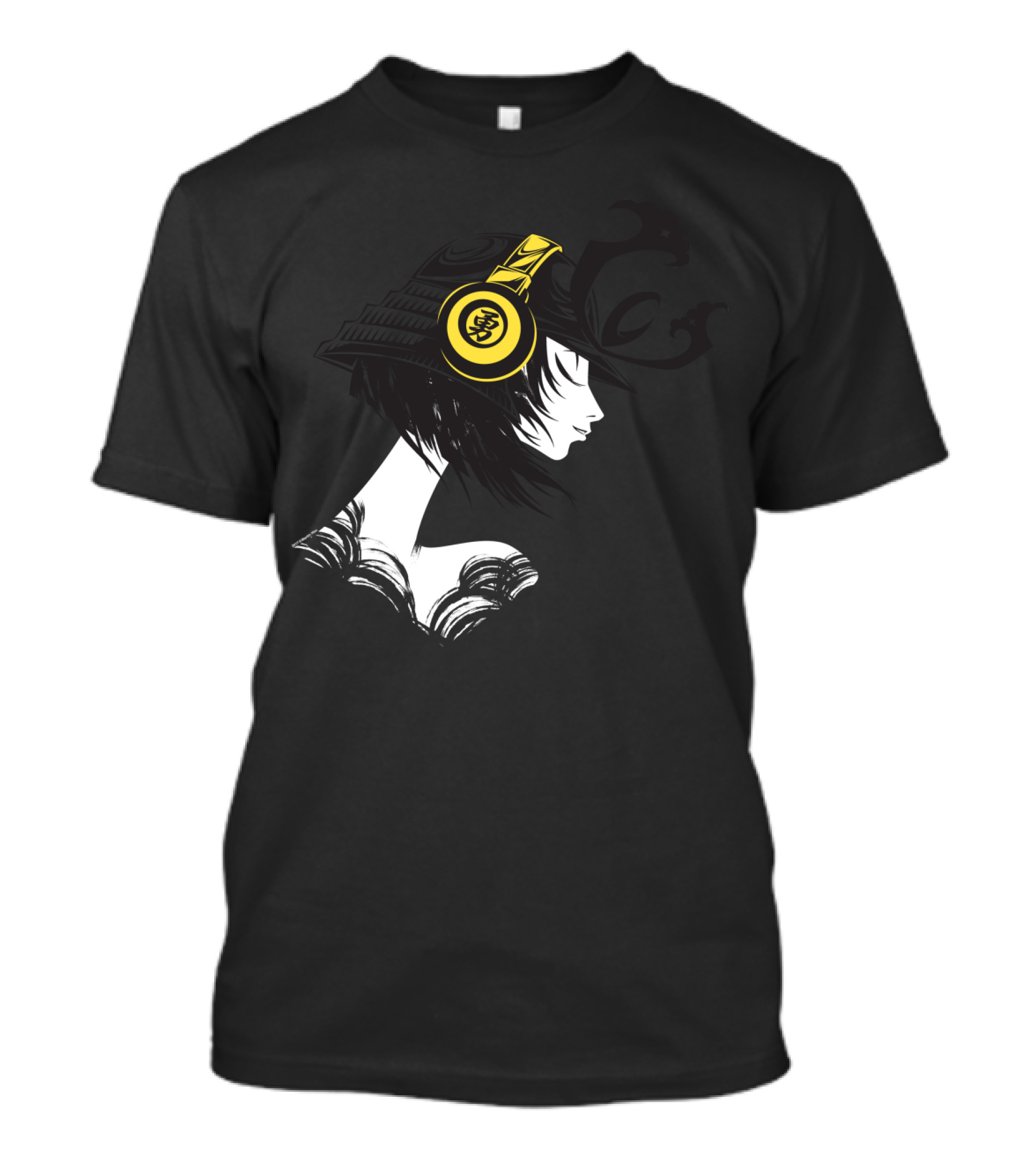 Samurai Girl Black And White Profile With Yellow Headphones And Kanji T-Shirt