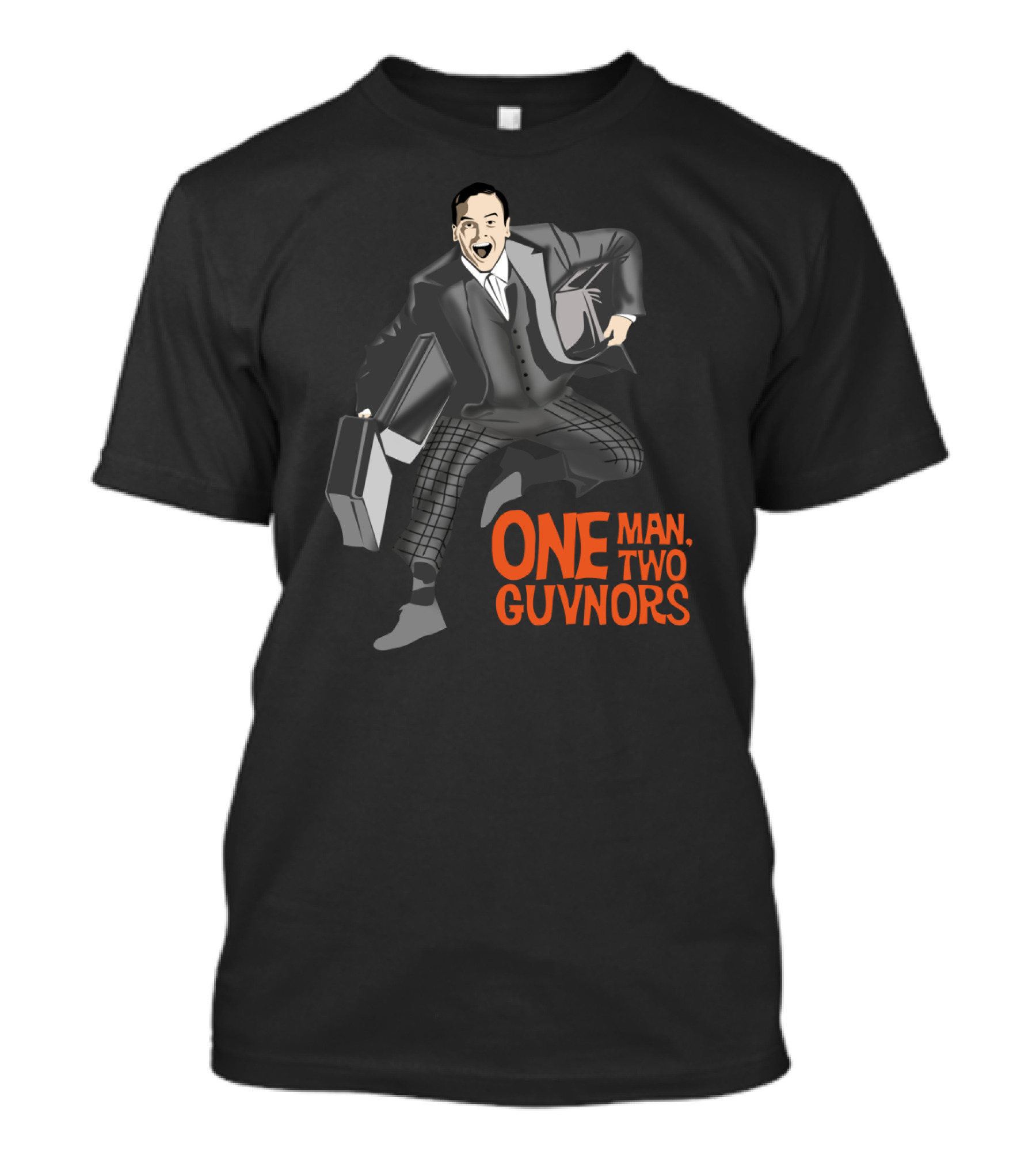 ONE MAN TWO GUVNORS Iconic Comedic Character Graphic With Briefcase And Suit T-Shirt