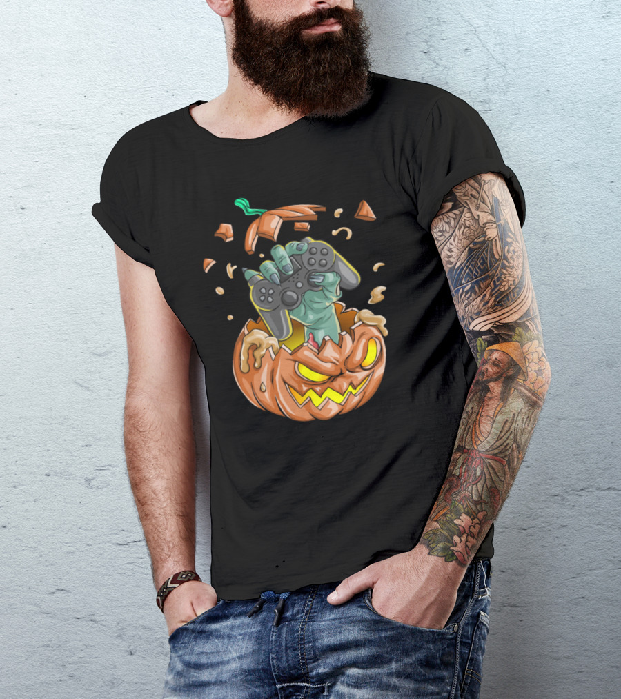 'Gamer Pumpkin Zombie Hand Holding Game Controller Halloween' T-Shirt