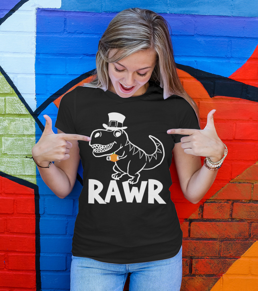 Rawr Dinosaur Pumpkin Wearing Pilgrim Hat T-Shirt
