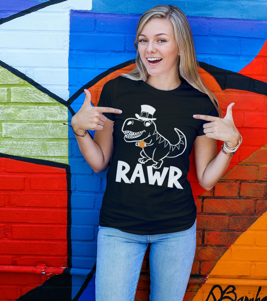Rawr Dinosaur Pumpkin Wearing Pilgrim Hat T-Shirt