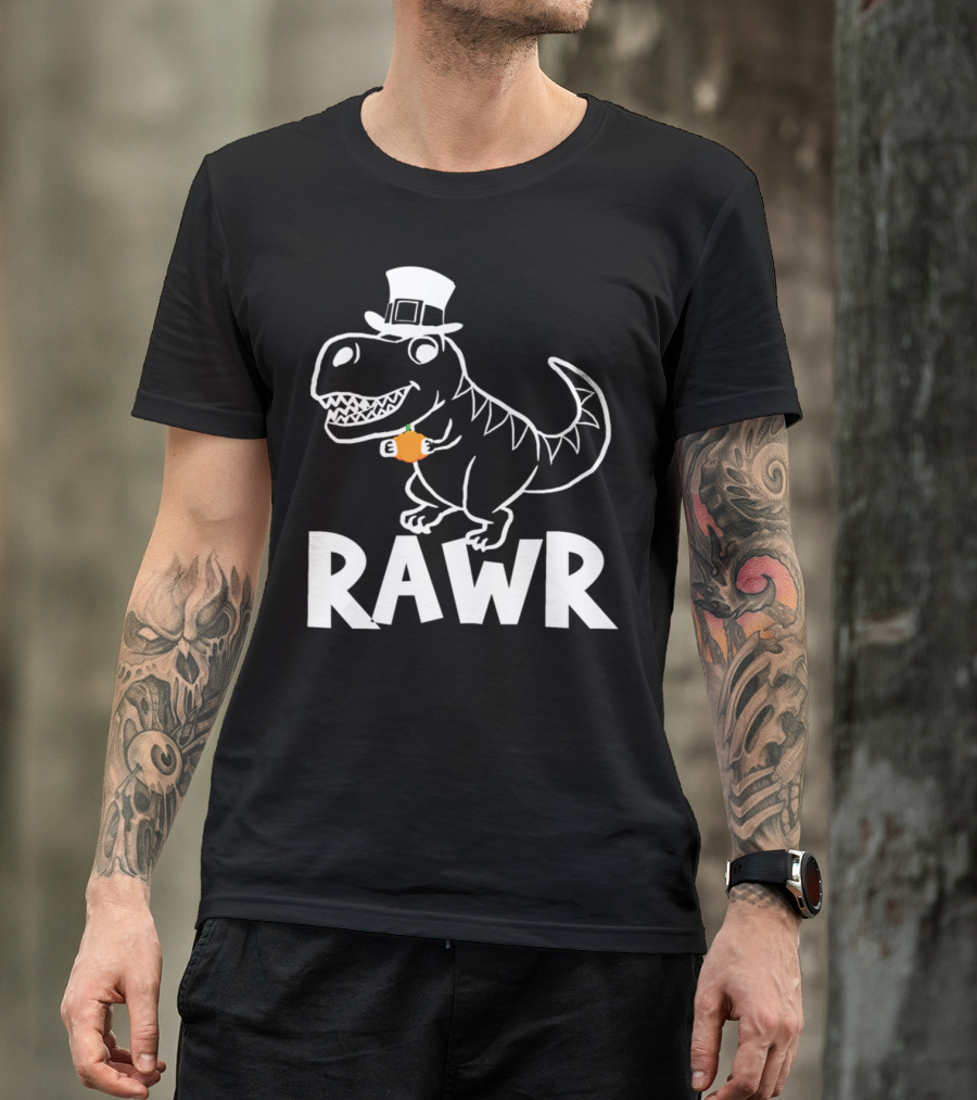 Rawr Dinosaur Pumpkin Wearing Pilgrim Hat T-Shirt