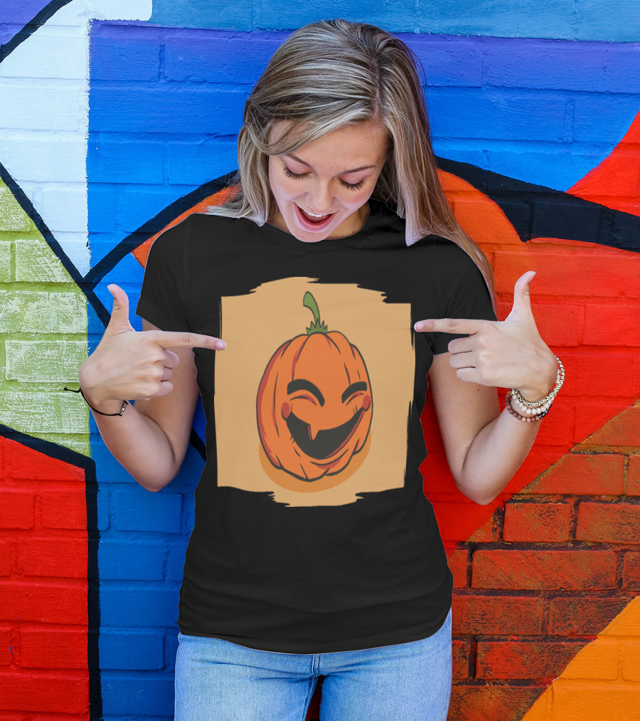 Cheerful Smiling Pumpkin Face With Green Stem And Orange Background T-Shirt