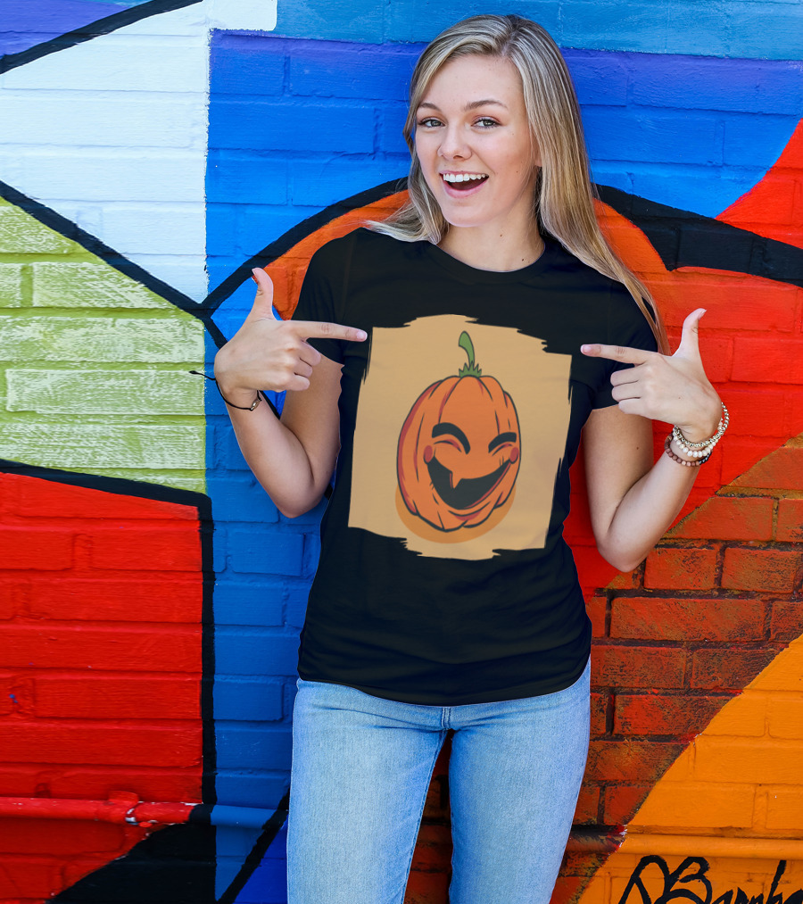Cheerful Smiling Pumpkin Face With Green Stem And Orange Background T-Shirt