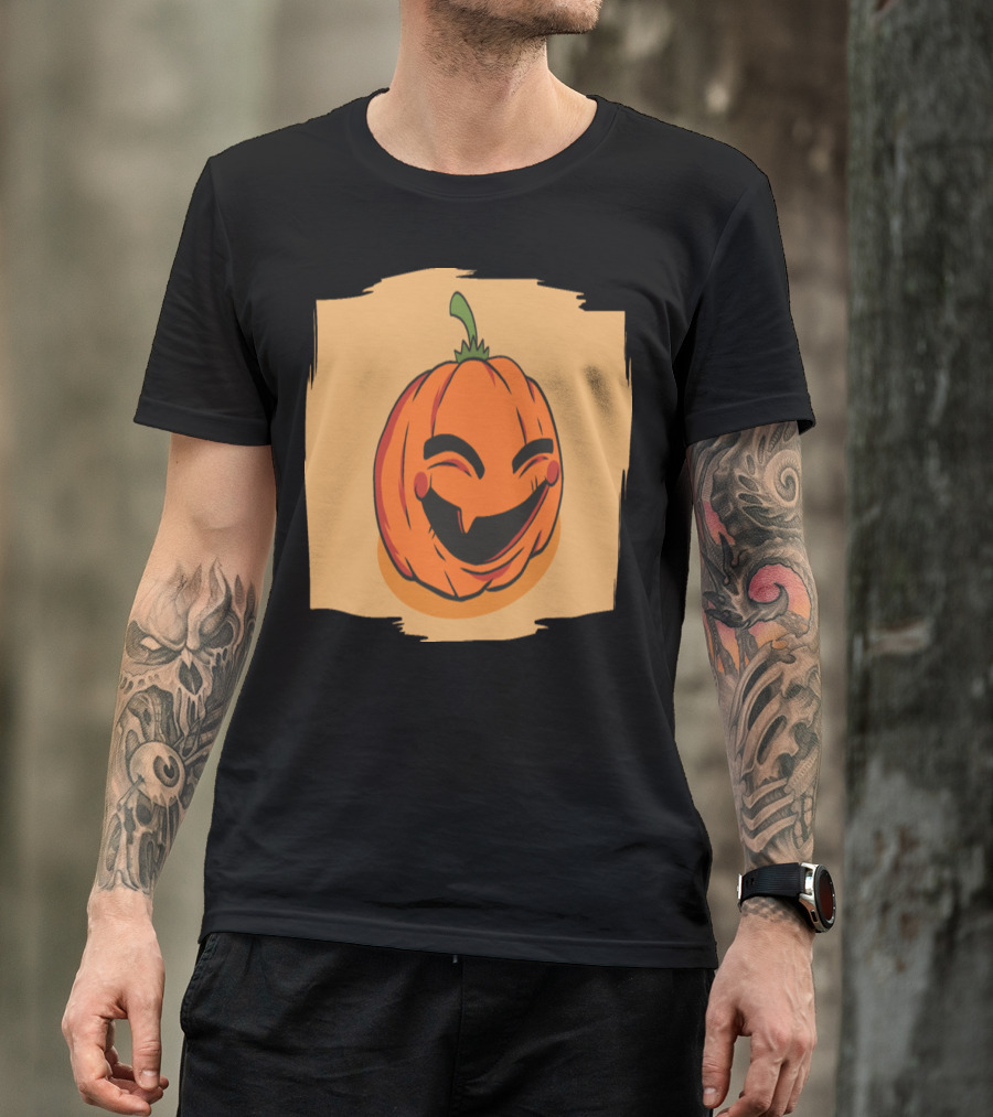 Cheerful Smiling Pumpkin Face With Green Stem And Orange Background T-Shirt