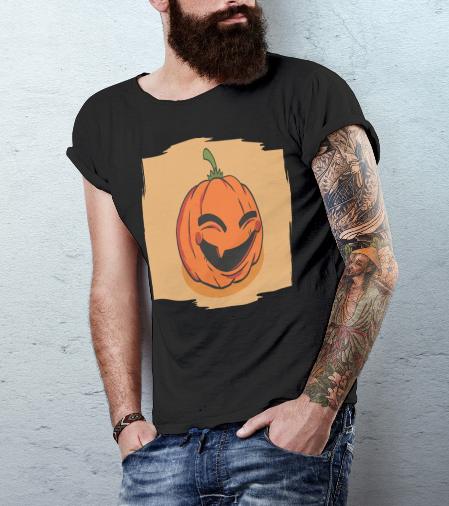 Cheerful Smiling Pumpkin Face With Green Stem And Orange Background T-Shirt