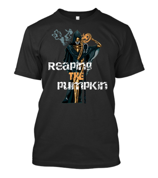 Reaping The Pumpkin Skeleton Grim Reaper With Scythe And Smoky Hood T-Shirt