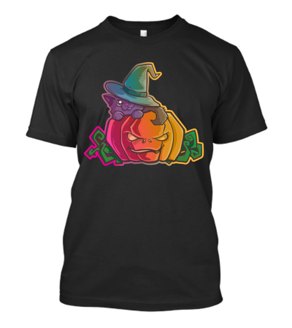 Halloween Cat On Colorful Pumpkin With Witch Hat T-Shirt