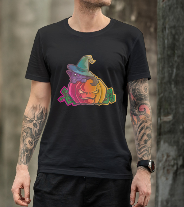 Halloween Cat On Colorful Pumpkin With Witch Hat T-Shirt