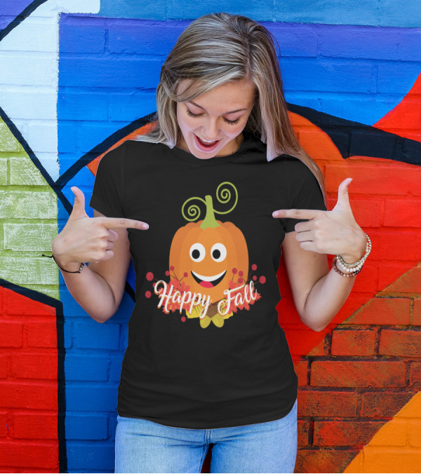 Happy Fall Smiling Pumpkin With Autumn Leaves T-Shirt