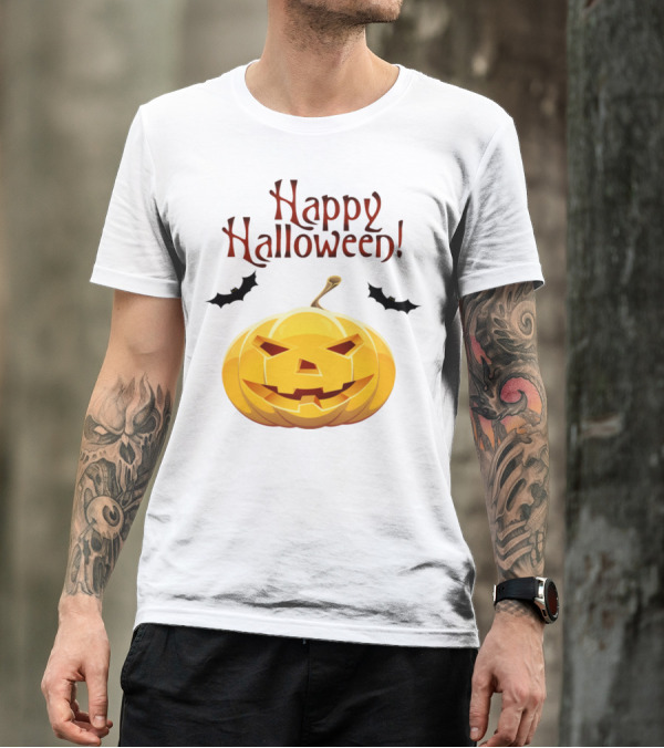 Happy Halloween Smile Pumpkin With Bats T-Shirt