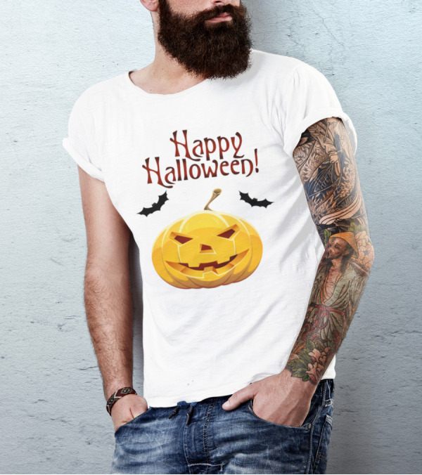 Happy Halloween Smile Pumpkin With Bats T-Shirt