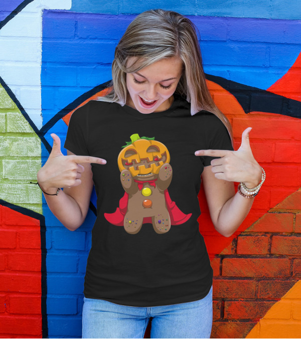 Gingerbread Pumpkin Superhero With Red Cape And Candy Buttons T-Shirt