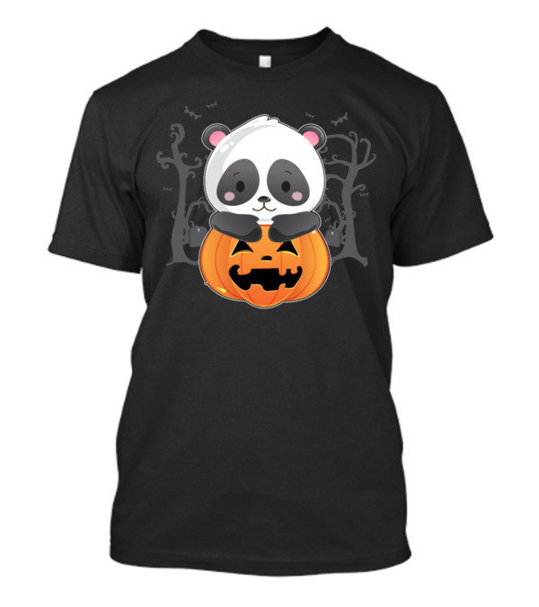 Cute Halloween Panda With Pumpkin And Ghostly Forest Background T-Shirt