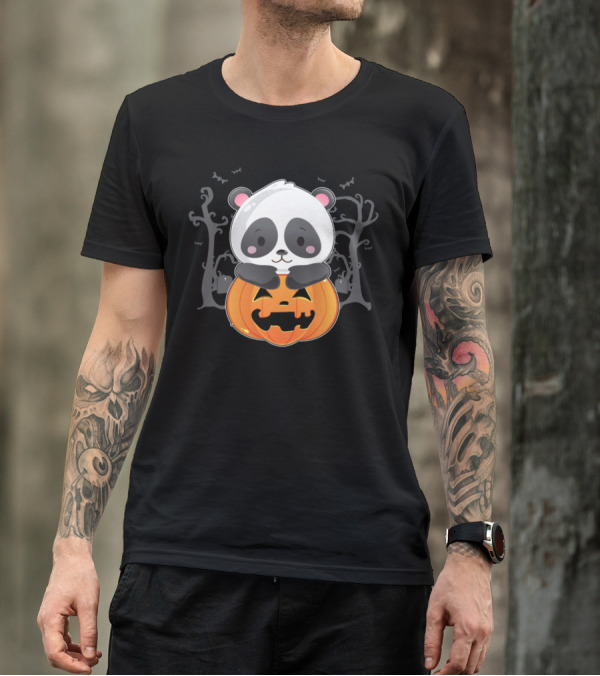 Cute Halloween Panda With Pumpkin And Ghostly Forest Background T-Shirt