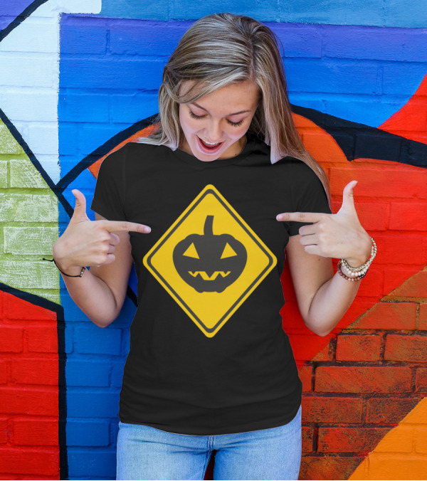 Halloween Pumpkin Face Warning Sign Icon On Yellow Diamond Background T-Shirt