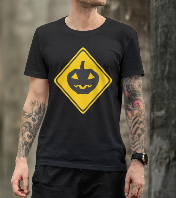 Halloween Pumpkin Face Warning Sign Icon On Yellow Diamond Background T-Shirt