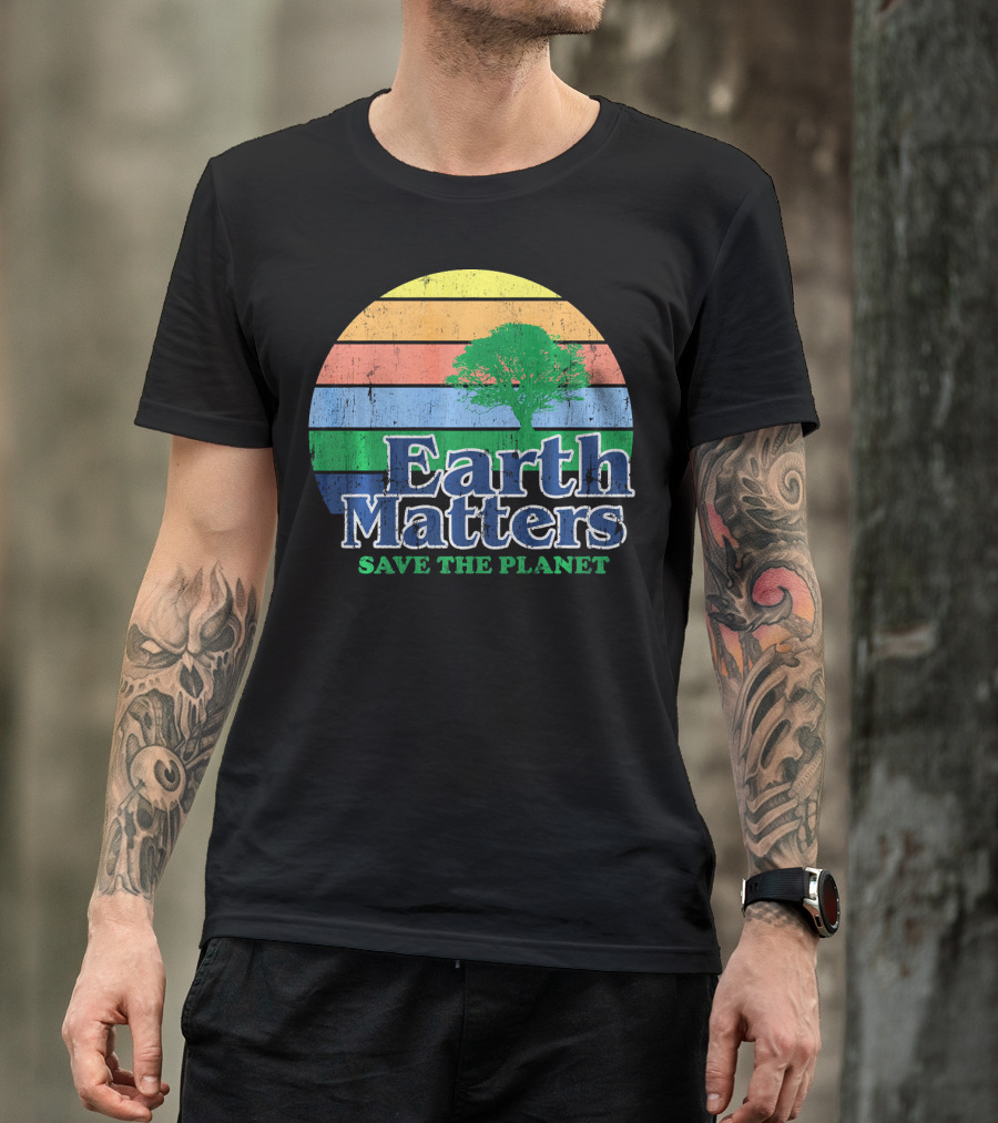 Earth Matters Save The Planet Earth Day Tree Retro Sunburst T-Shirt