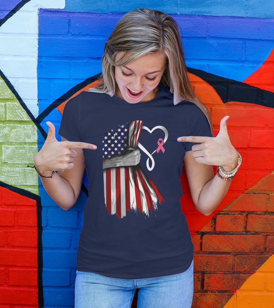 Breast Cancer Awareness American Flag Heart T-Shirt