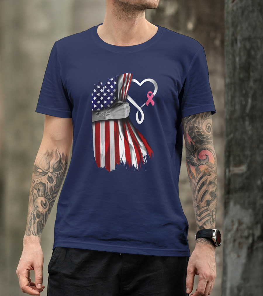 Breast Cancer Awareness American Flag Heart T-Shirt
