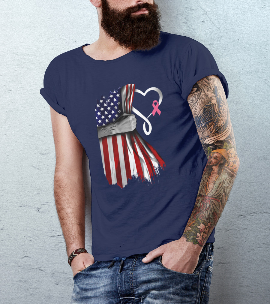 Breast Cancer Awareness American Flag Heart T-Shirt