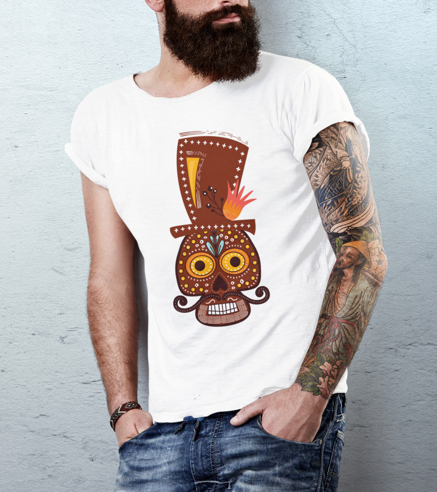 Skull Series 156 Colorful Day Of The Dead Sugar Skull Top Hat Mustache T-Shirt