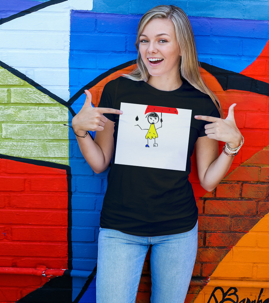 Curious One Stick Figure In Yellow Dress With Red Umbrella And Raindrop T-Shirt