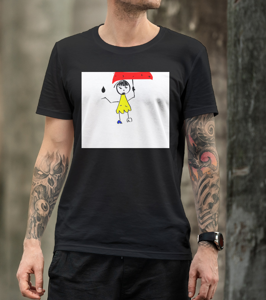 Curious One Stick Figure In Yellow Dress With Red Umbrella And Raindrop T-Shirt