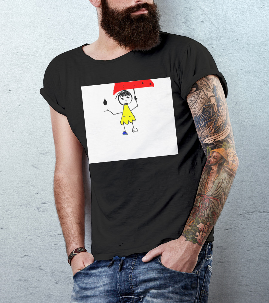 Curious One Stick Figure In Yellow Dress With Red Umbrella And Raindrop T-Shirt