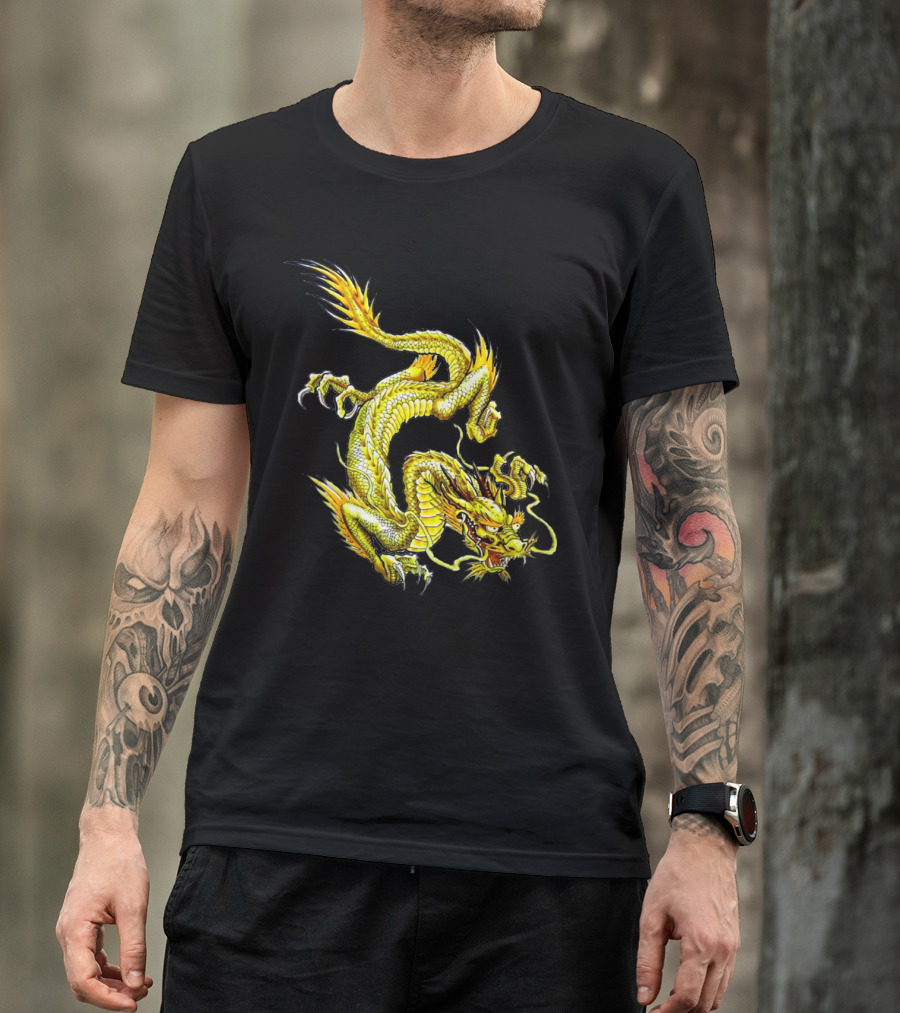 Majestic Golden Descending Dragon With Curved Claws And Fiery Tail T-Shirt
