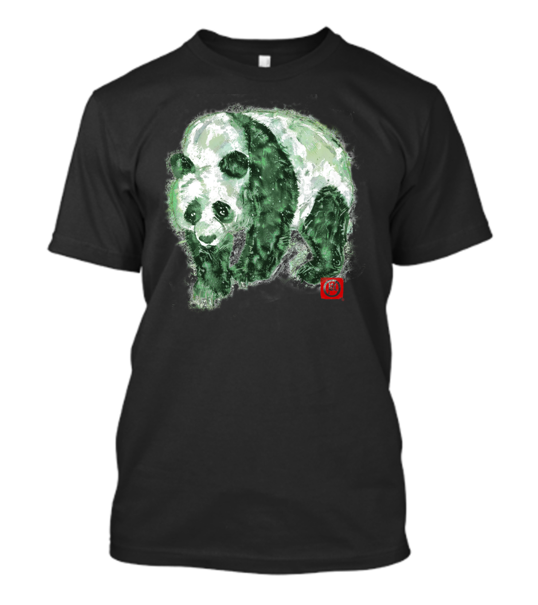 PANDA GREENS WATERCOLOR STYLE WITH ASIAN CALLIGRAPHY SEAL T-Shirt