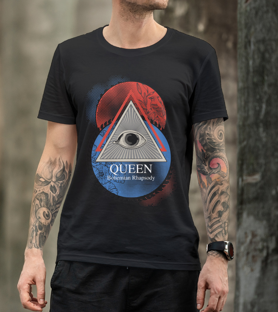 Queen Bohemian Rhapsody All-Seeing Eye With Geometric Blue And Red Floral Bird Triangle Elements T-Shirt