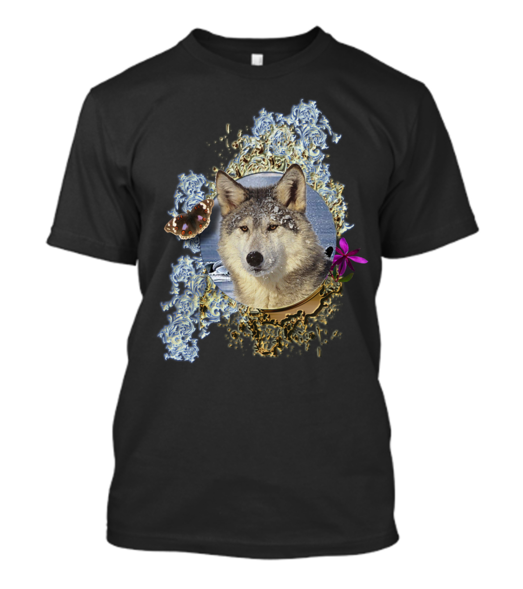 Canadian Wolf Butterfly And Floral Forest Elements T-Shirt