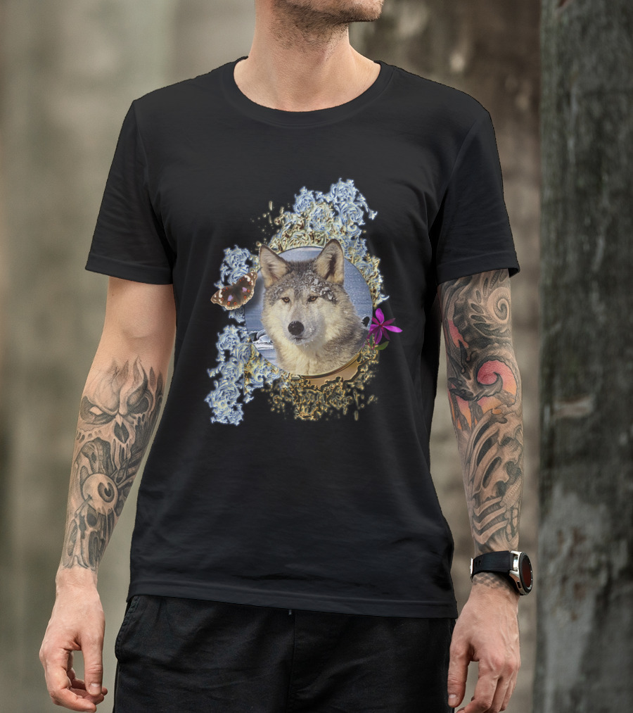 Canadian Wolf Butterfly And Floral Forest Elements T-Shirt