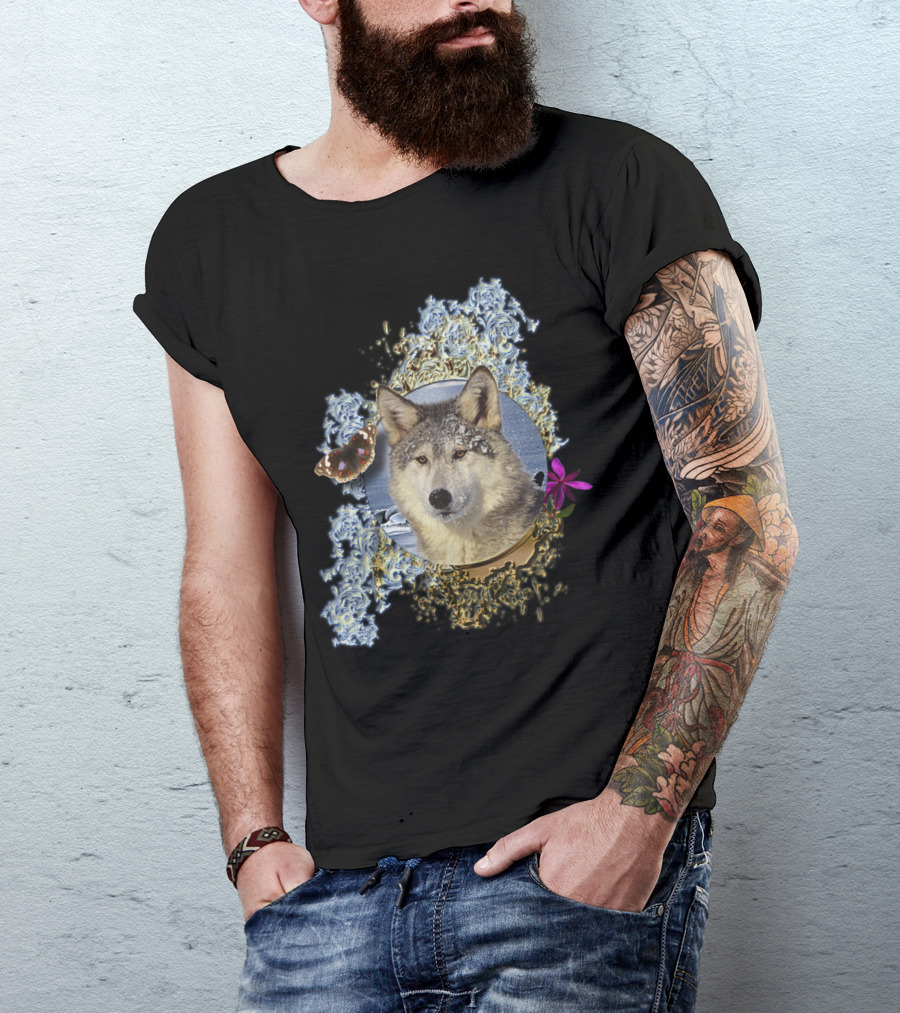 Canadian Wolf Butterfly And Floral Forest Elements T-Shirt