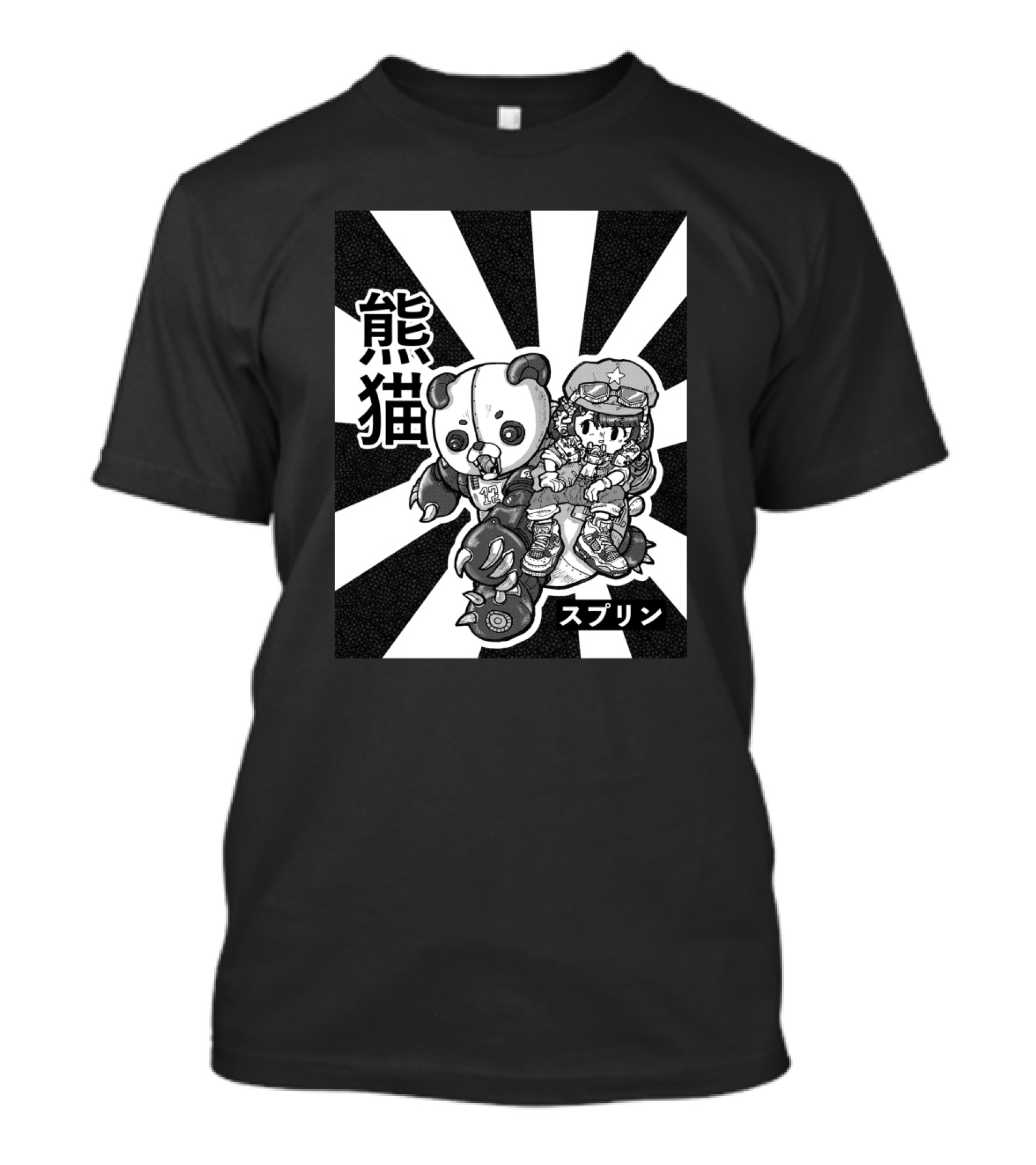 Panda Attack With Mecha And Rider On Striped Sunburst Background T-Shirt