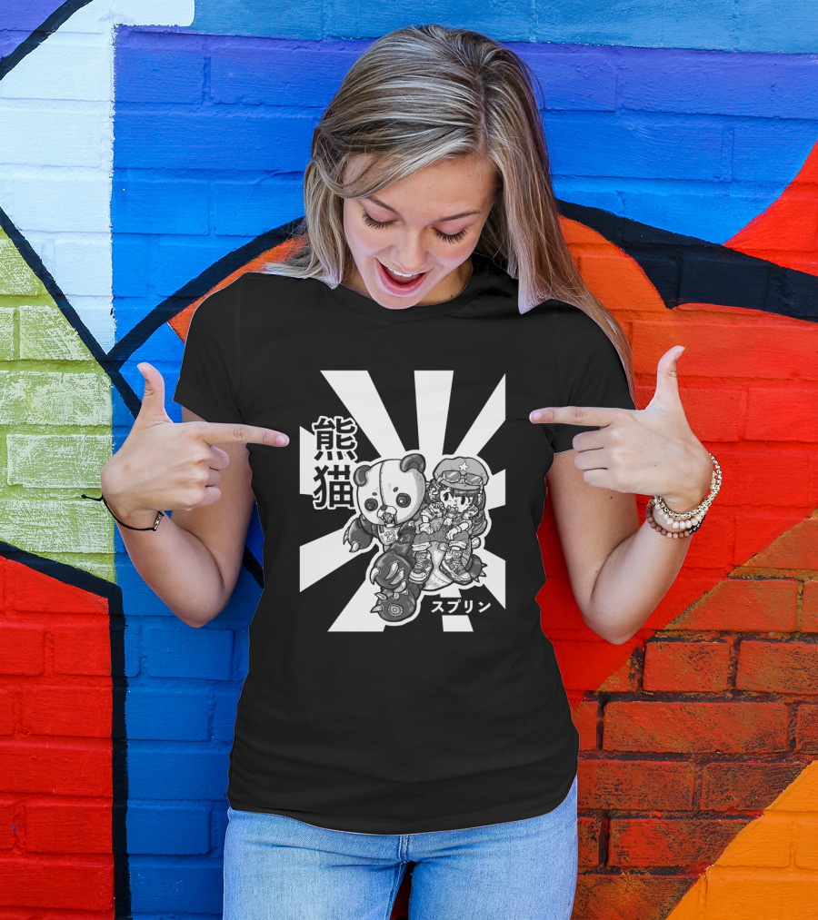 Panda Attack With Mecha And Rider On Striped Sunburst Background T-Shirt