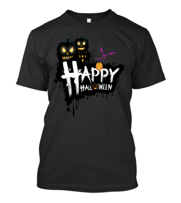 Happy Halloween Haunted Pumpkins Bats And Spooky House Scene T-Shirt