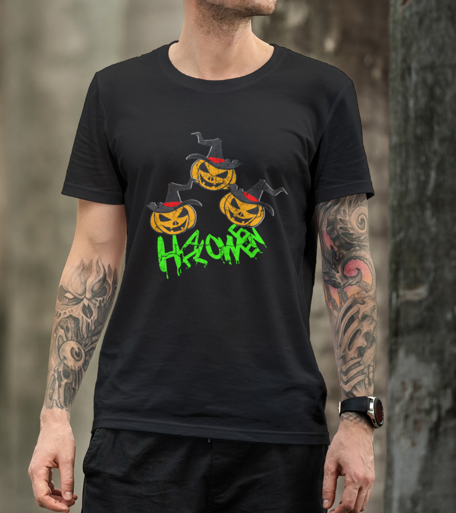 Halloween Pumpkin Witches Trio With Black Hats And Green Text T-Shirt