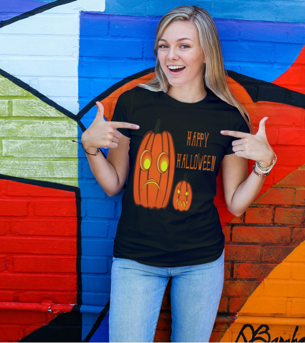 Halloween Nervous Pumpkin With Happy Expression Contrast T-Shirt