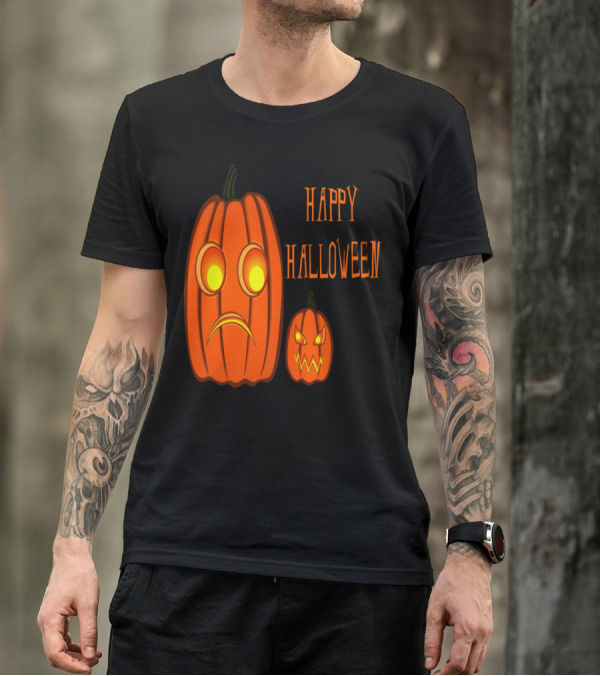 Halloween Nervous Pumpkin With Happy Expression Contrast T-Shirt