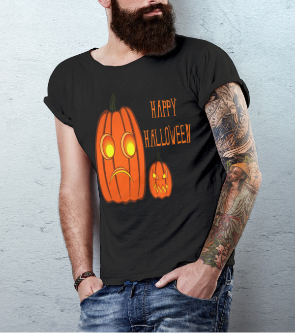 Halloween Nervous Pumpkin With Happy Expression Contrast T-Shirt