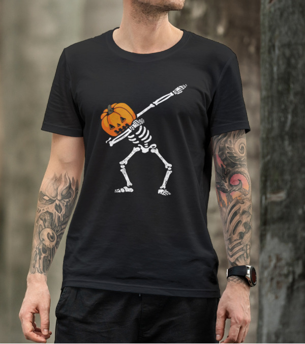 Dabbing Skeleton With Pumpkin Head Halloween Dance T-Shirt