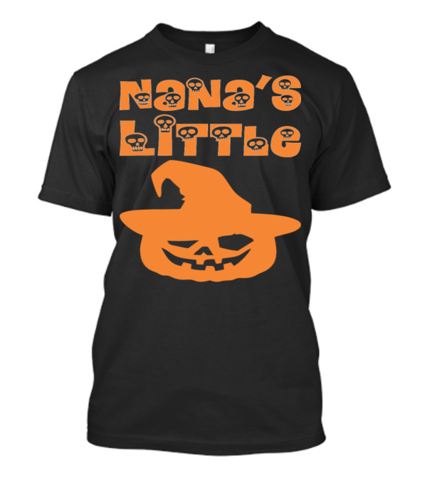 Nana's Little Pumpkin Halloween Jack-O'-Lantern With Witch Hat Skull Font T-Shirt