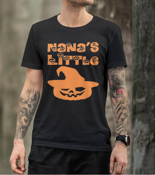 Nana's Little Pumpkin Halloween Jack-O'-Lantern With Witch Hat Skull Font T-Shirt